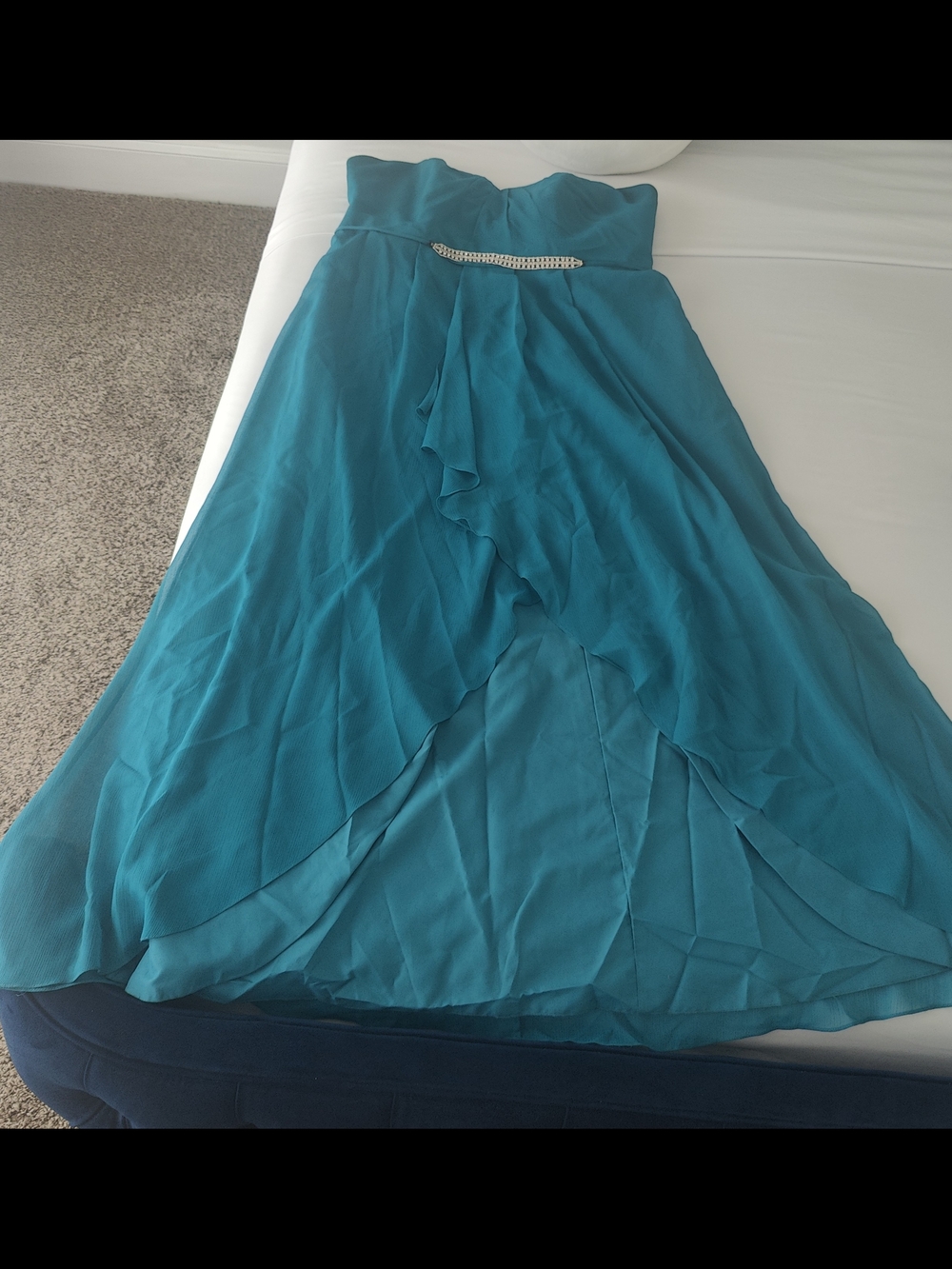 David's Bridal Teal Strapless Layered Chiffon Gown with Rhinestone Waist Detail